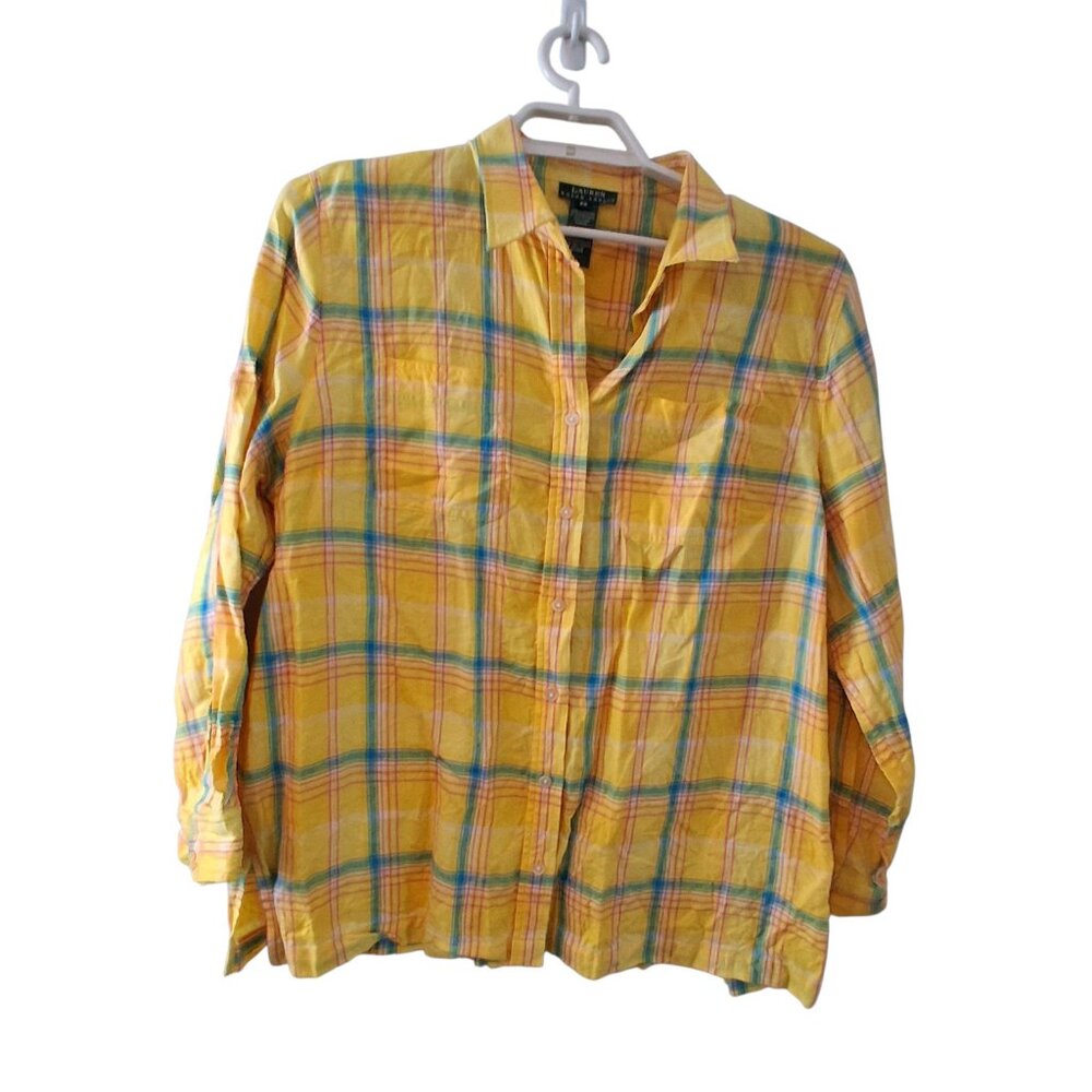 Ralph Lauren shirt womens 2X 100% linen yellow plaid button up roll tab sleeves